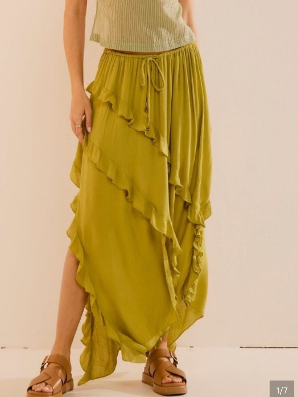 Free People Ambie Gilded Lime Ruffle Maxi Skirt Large
